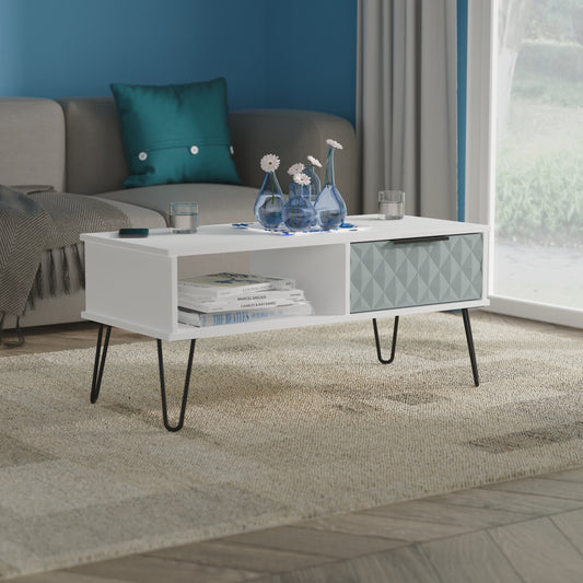 Harlequin Coffee Table Teal & White 1 Shelf 1 Drawer 92cm