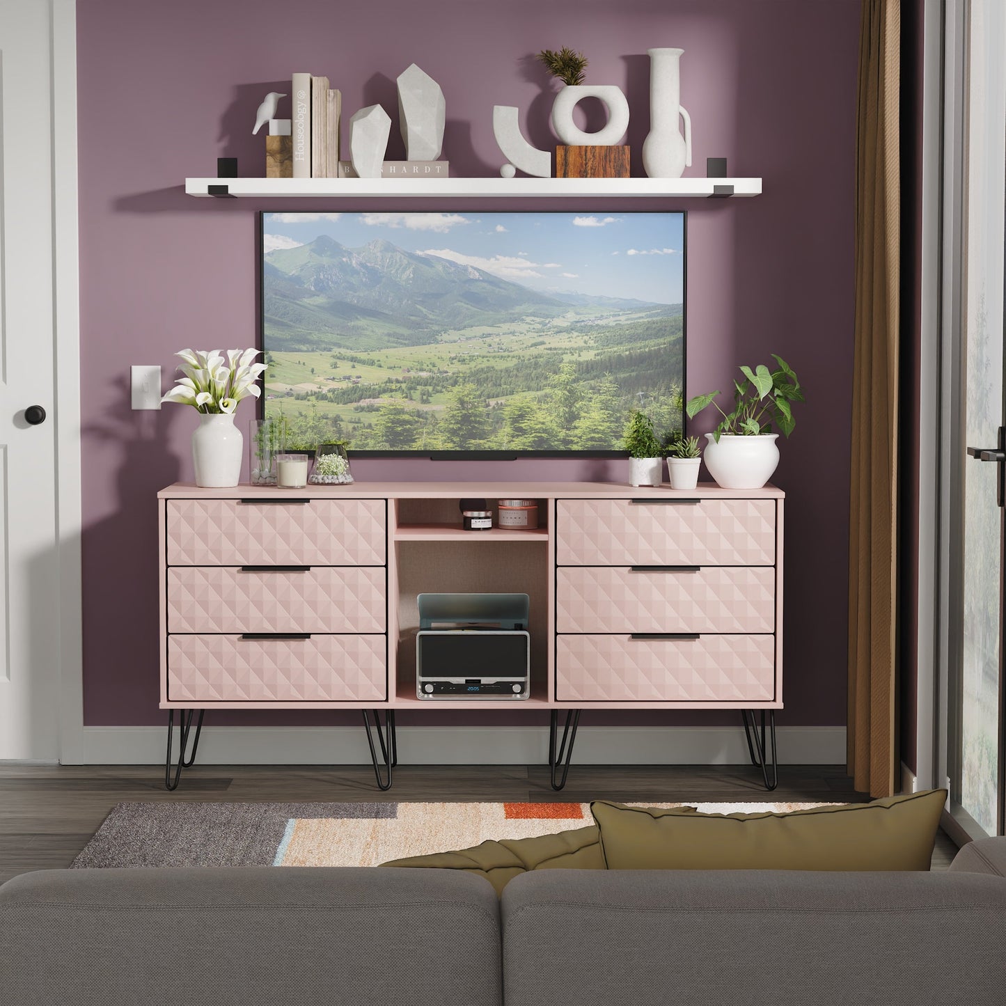 Harlequin Large Sideboard Pink 2 Shelves 6 Drawers 152cm