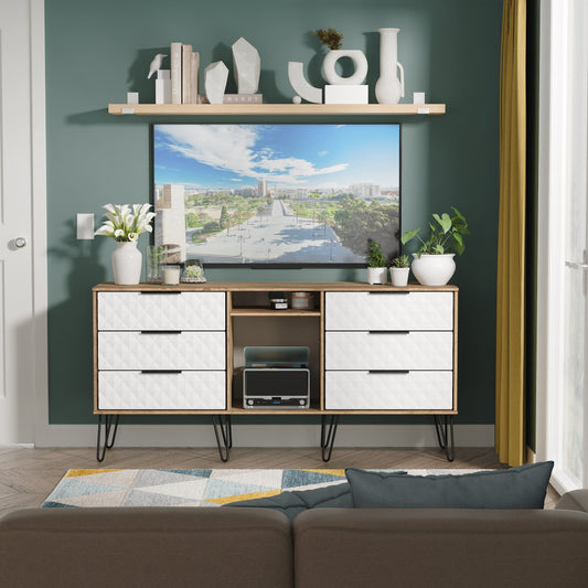 Harlequin Large Sideboard White & Oak 2 Shelves 6 Drawers 152cm