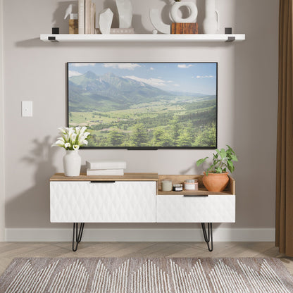 Harlequin TV Unit White & Oak 1 Shelf 2 Drawers 128cm