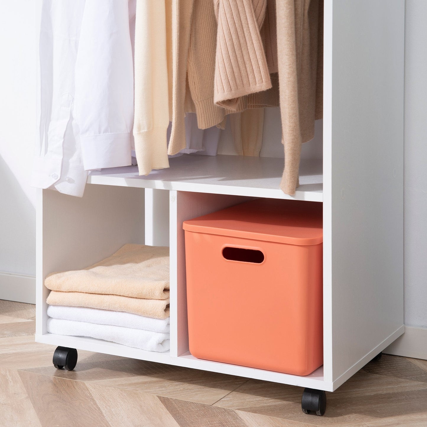 Rolling Open Wardrobe w/ Hanging Rod Storage Shelves Closet Organizer