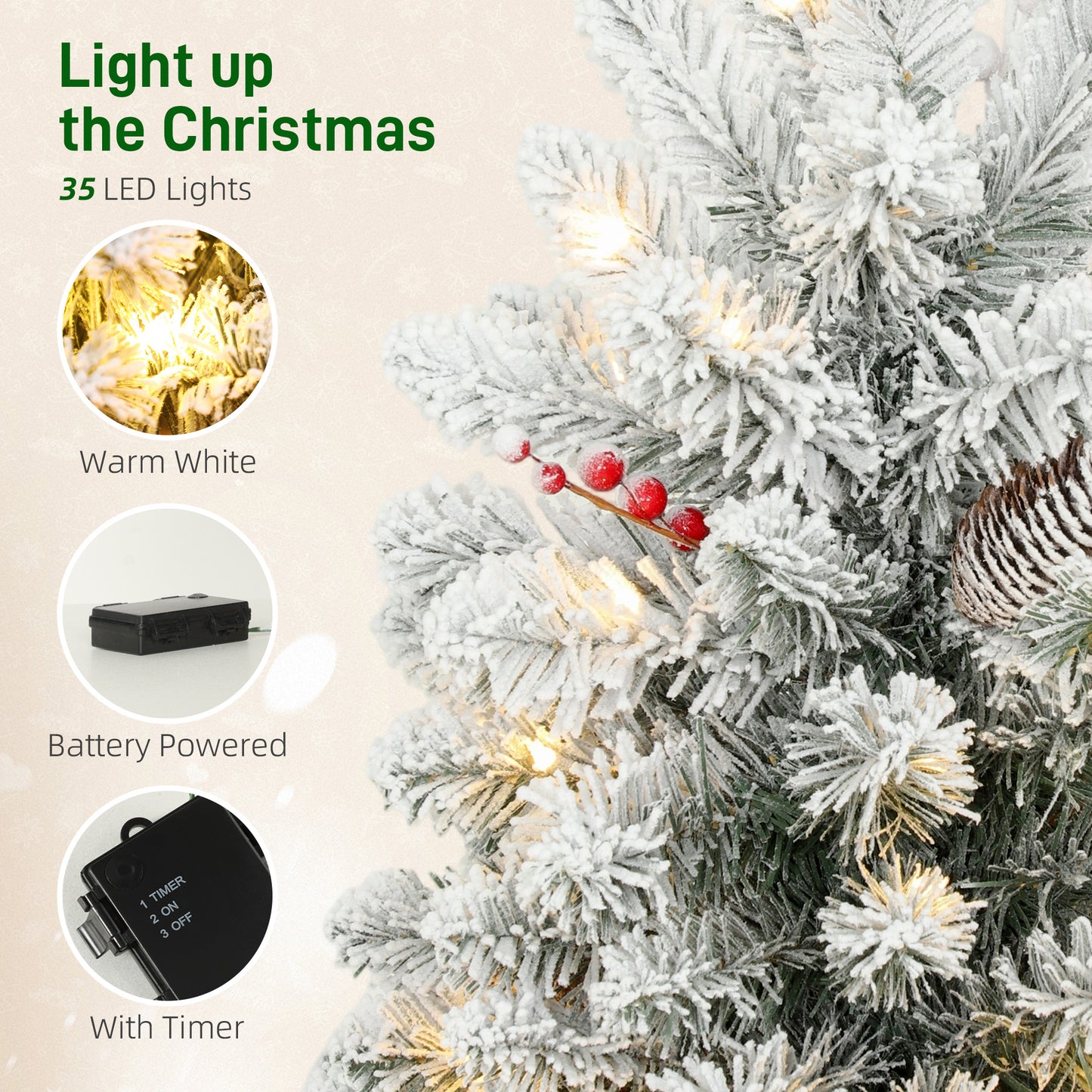 2ft Prelit Christmas Tree Artificial - White Frosted Green Ornament Warm White 72 Tips