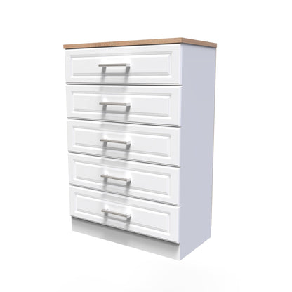 Kent Tall Chest of Drawers White & Oak 5 Drawers 108cm