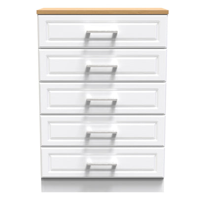 Kent Tall Chest of Drawers White & Oak 5 Drawers 108cm