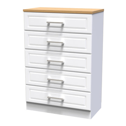 Kent Tall Chest of Drawers White & Oak 5 Drawers 108cm