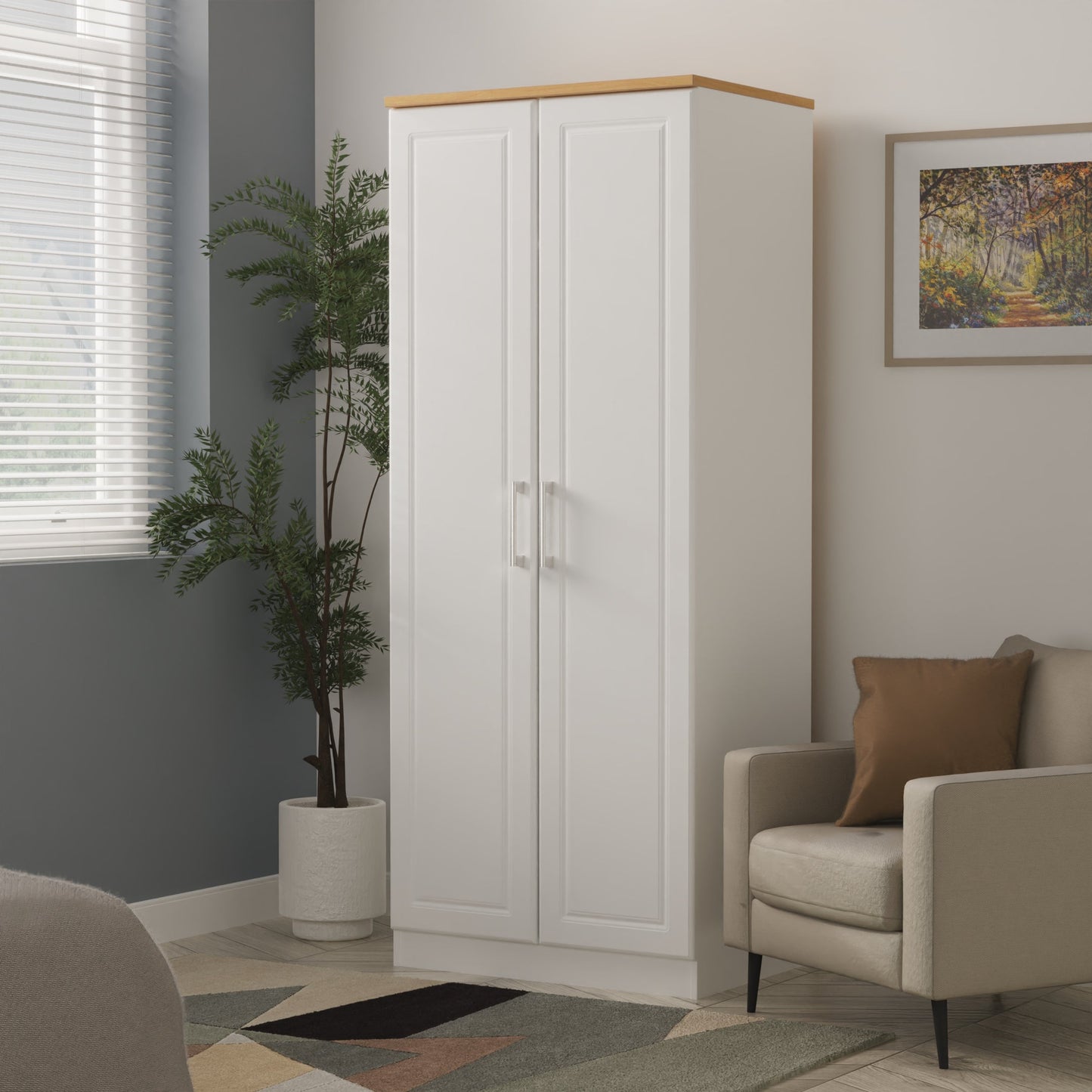 Kent Tall Wardrobe White & Oak 2 Doors 1 Shelf 182cm