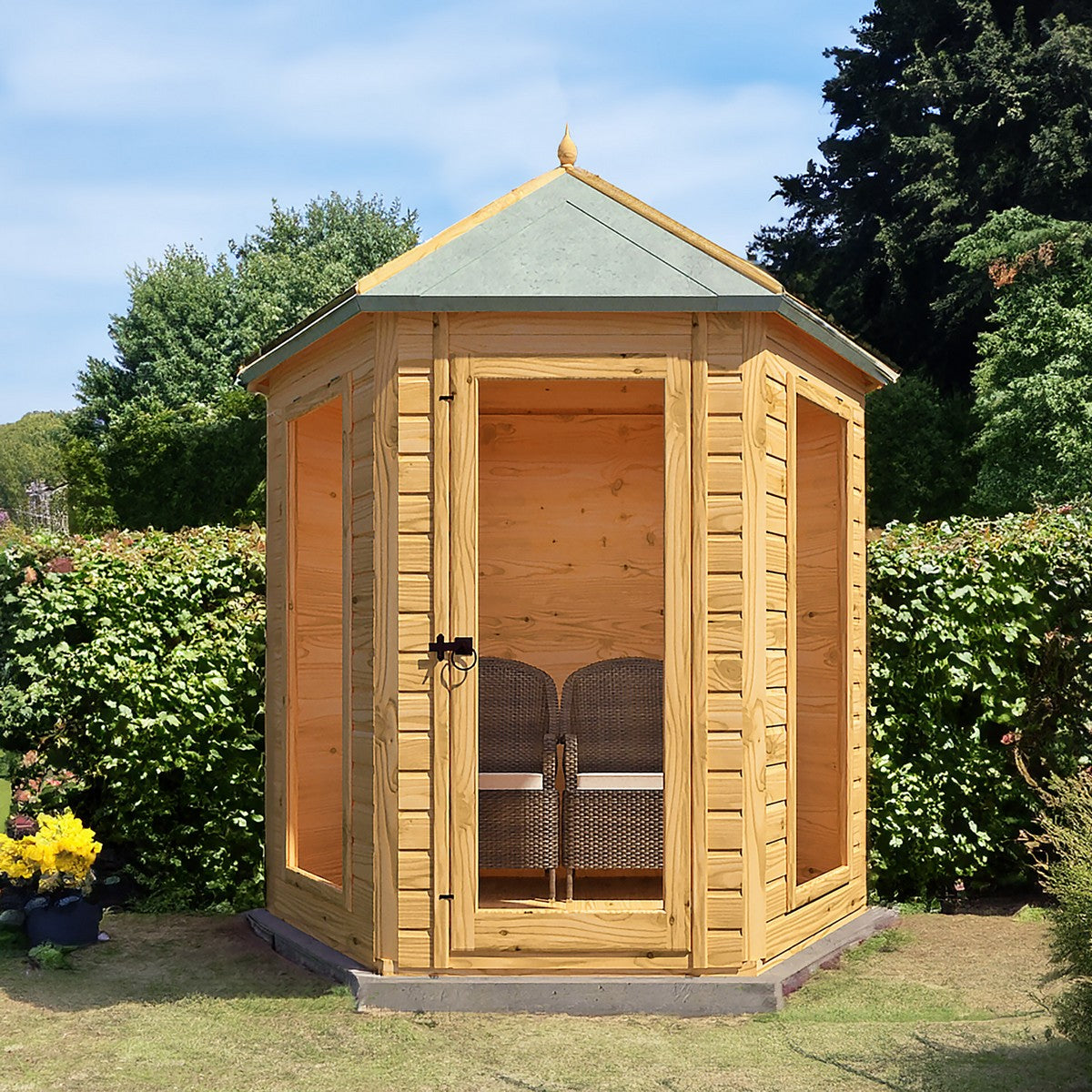Shire Kendall 6' 10" x 7' 10" Hexagonal Hip Summerhouse - Premium Dip Treated Tongue & Groove