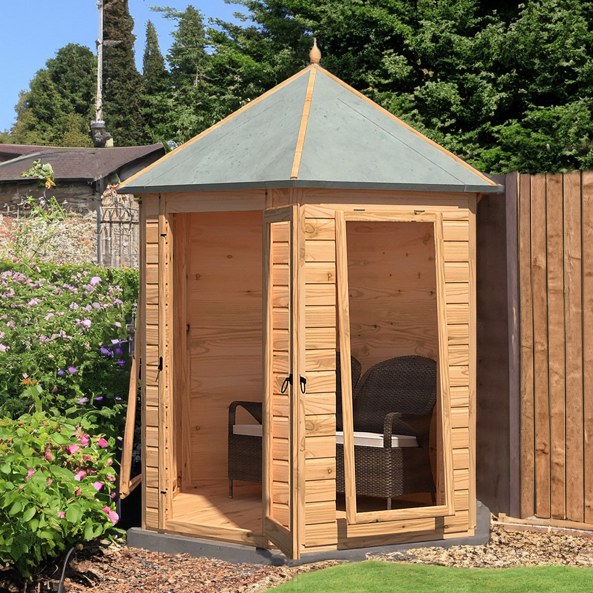 Shire Kendall 6' 10" x 7' 10" Hexagonal Hip Summerhouse - Premium Dip Treated Tongue & Groove