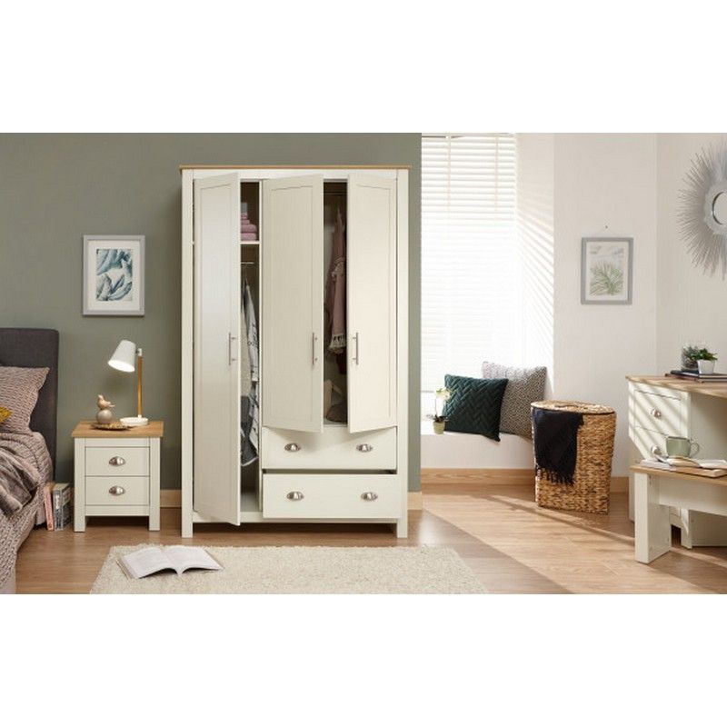 GFW Lancaster Tall Wardrobe Cream 3 Doors 1 Shelf 2 Drawers