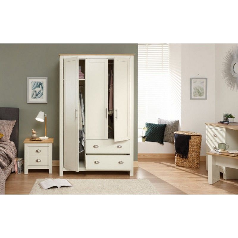 GFW Lancaster Tall Wardrobe Cream 3 Doors 1 Shelf 2 Drawers
