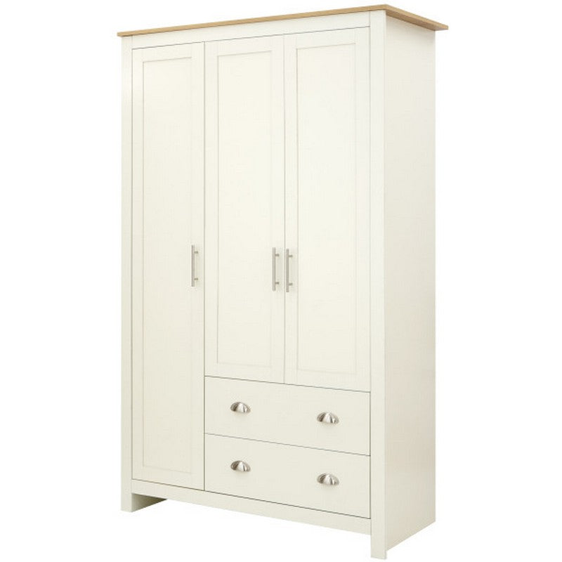 GFW Lancaster Tall Wardrobe Cream 3 Doors 1 Shelf 2 Drawers