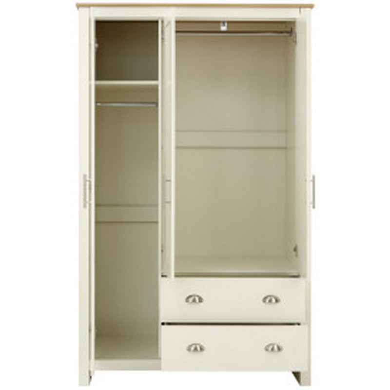 GFW Lancaster Tall Wardrobe Cream 3 Doors 1 Shelf 2 Drawers