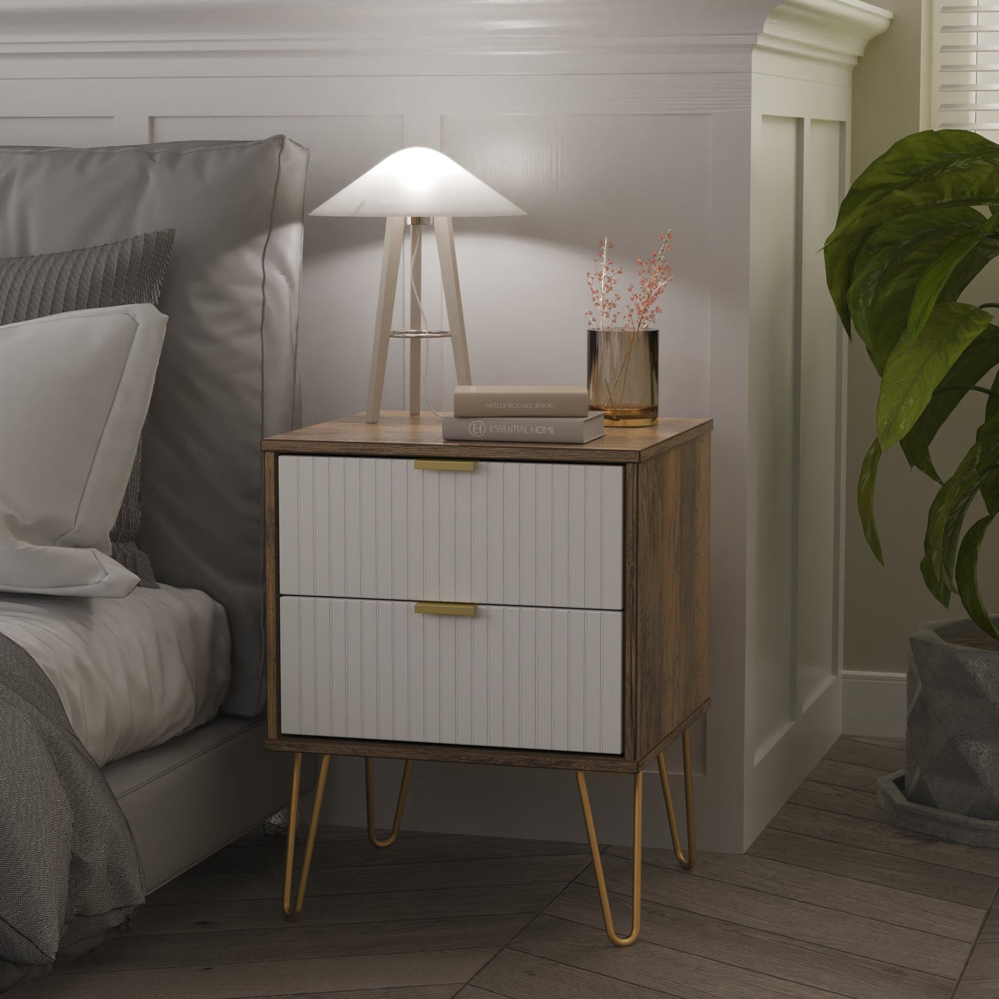 Linear Bedside Table White & Oak 2 Drawers 60cm