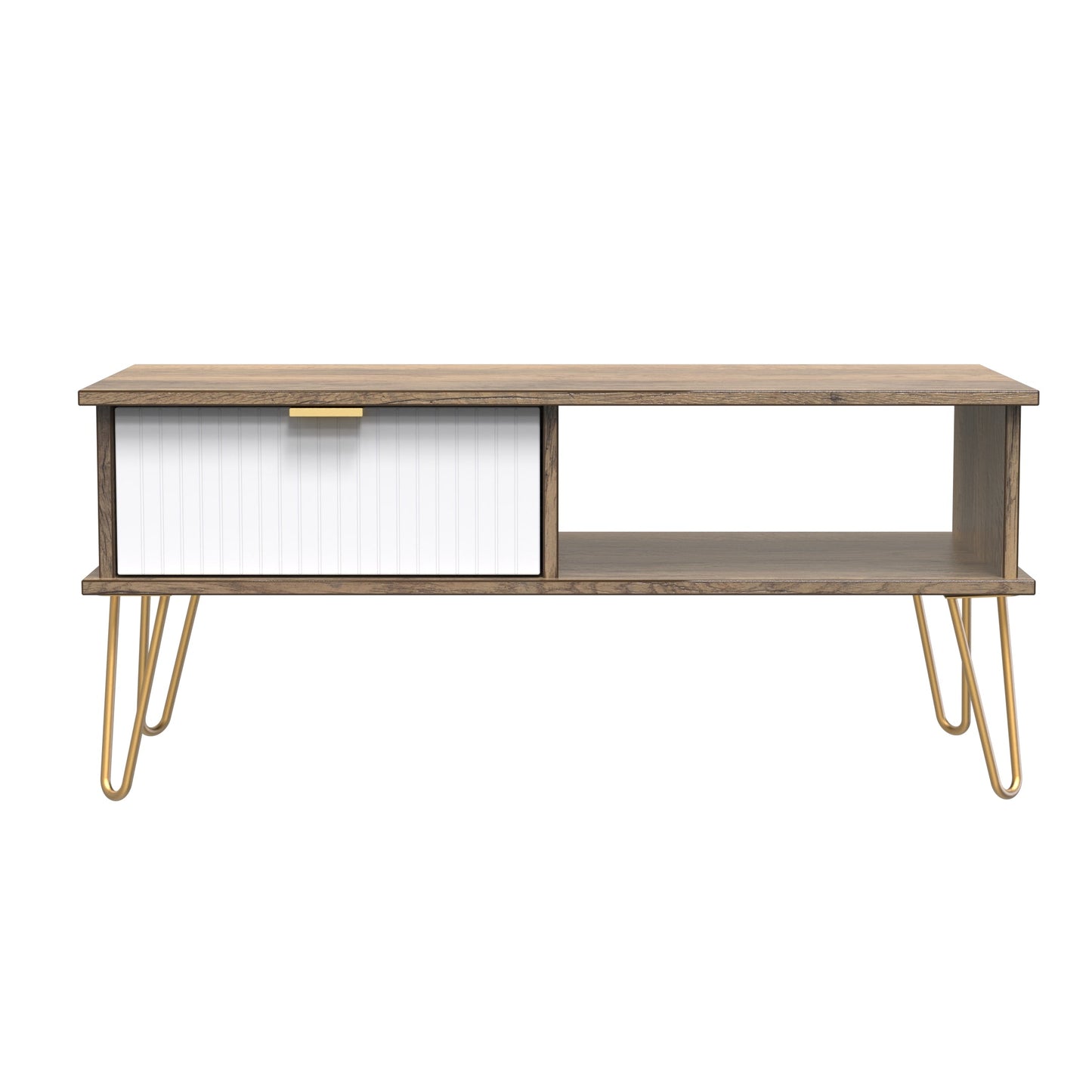 Linear Coffee Table White & Oak 1 Shelf 1 Drawer 92cm