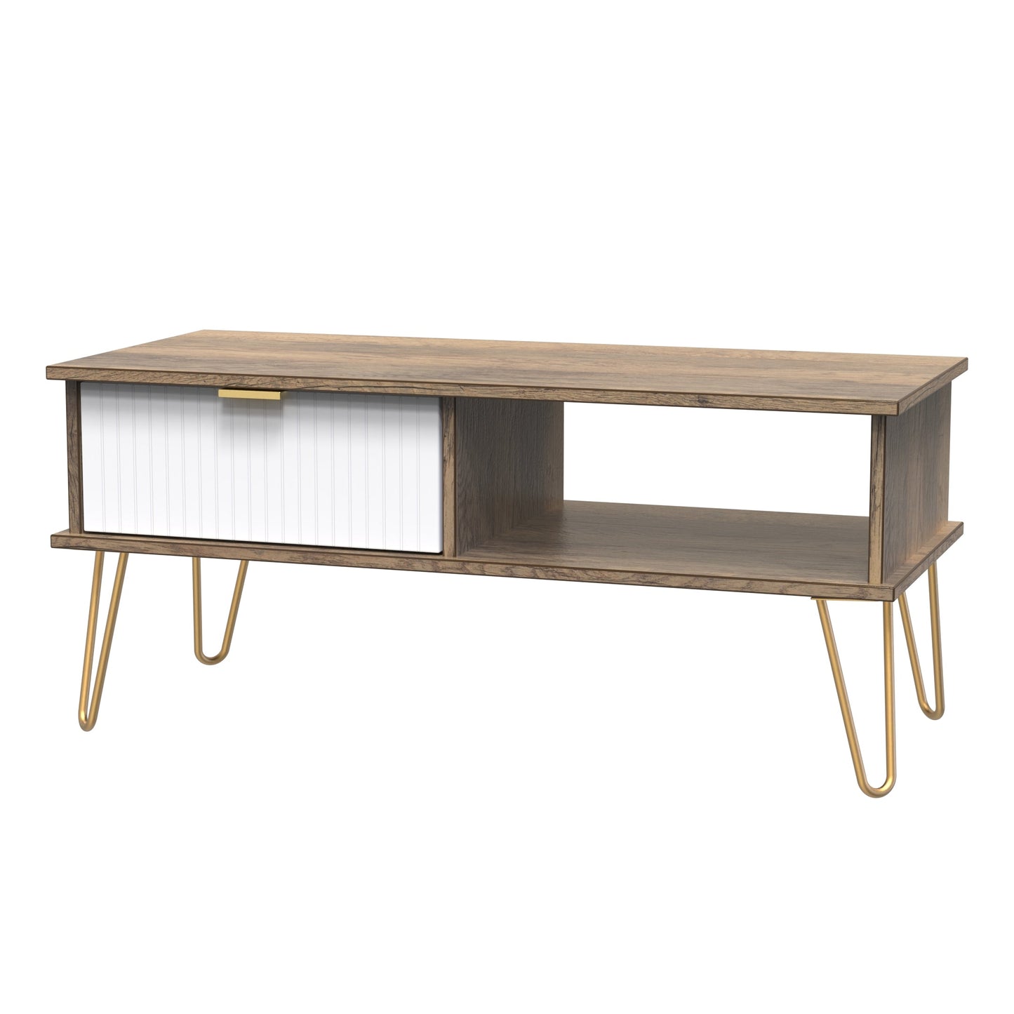 Linear Coffee Table White & Oak 1 Shelf 1 Drawer 92cm