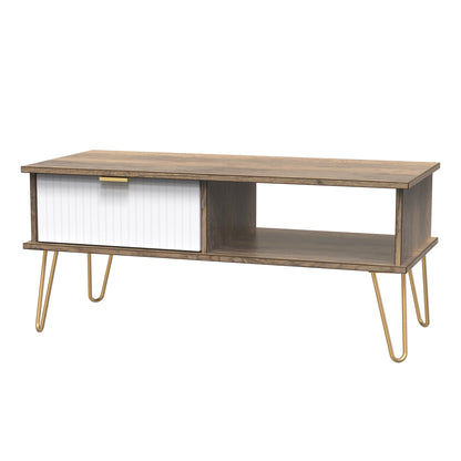 Linear Coffee Table White & Oak 1 Shelf 1 Drawer 92cm