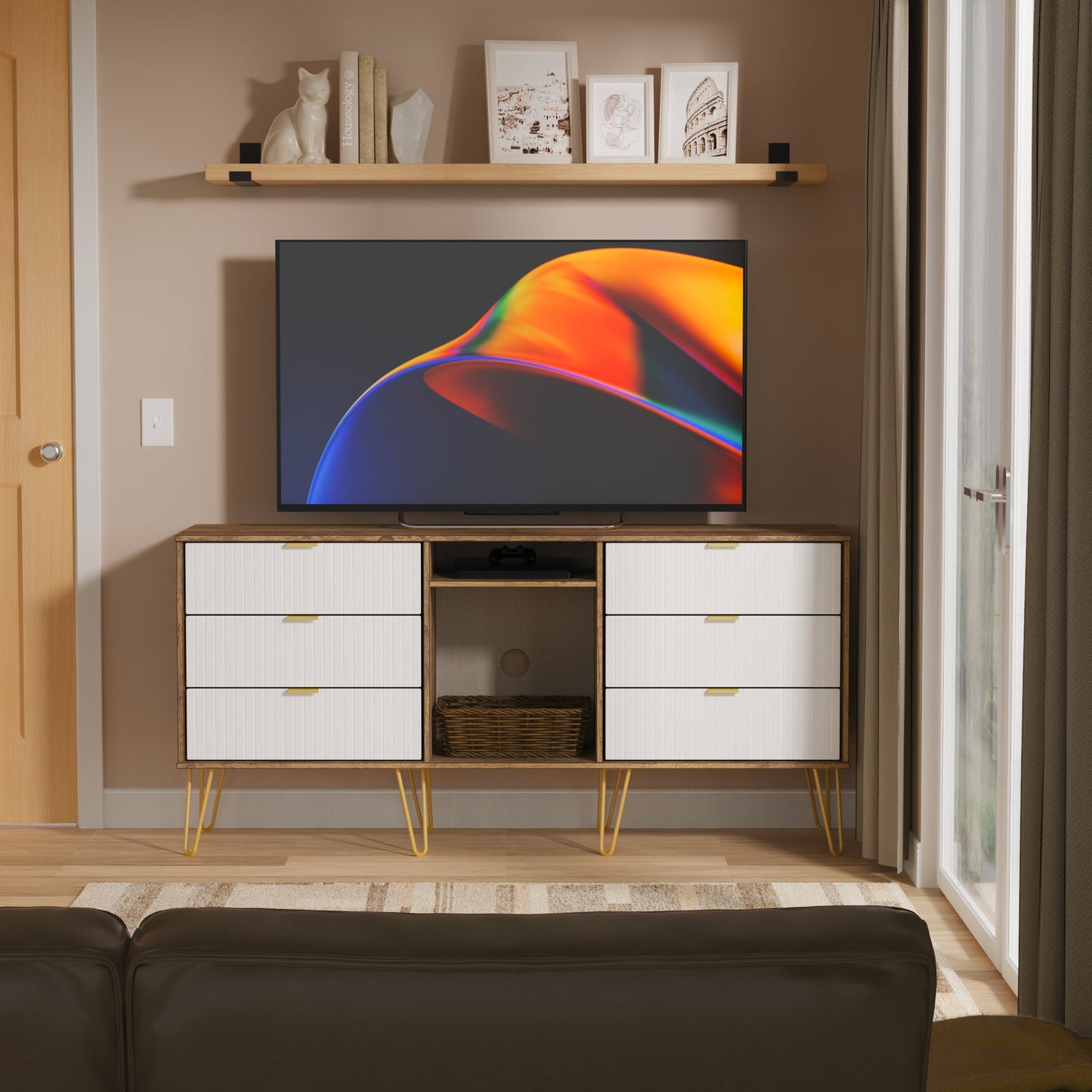 Linear TV Unit White & Oak 2 Shelves 6 Drawers 152cm