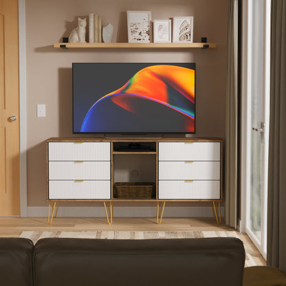 Linear TV Unit White & Oak 2 Shelves 6 Drawers 152cm