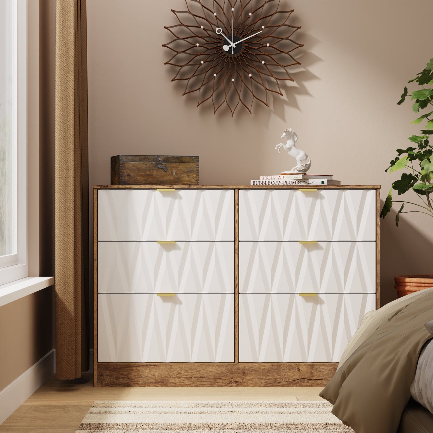 Las Vegas F Large Chest of Drawers White & Oak 6 Drawers 115cm