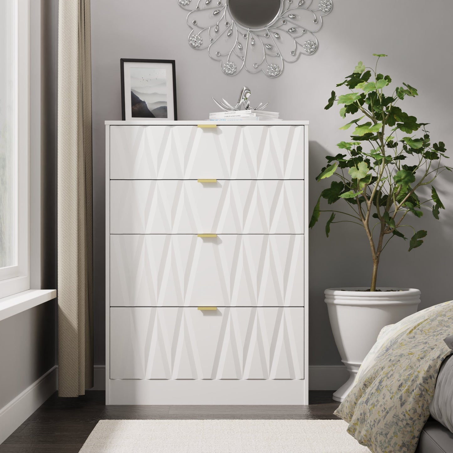 Las Vegas F Tall Chest of Drawers White 4 Drawers 107cm