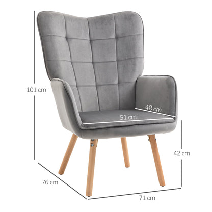 Accent Chair VelvetTufted Wingback Armchair Club Chair with Wood Legs Grey