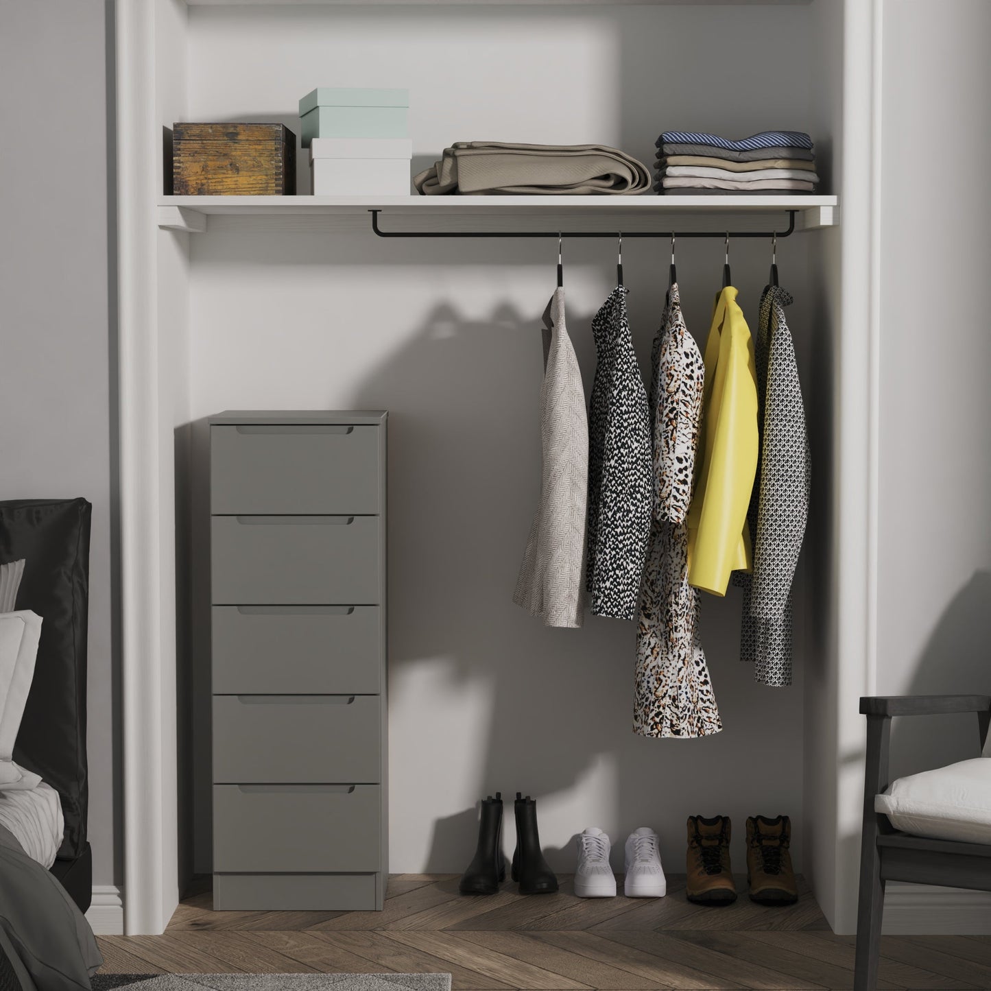 Milan Bedside Table Grey 5 Drawers 108cm
