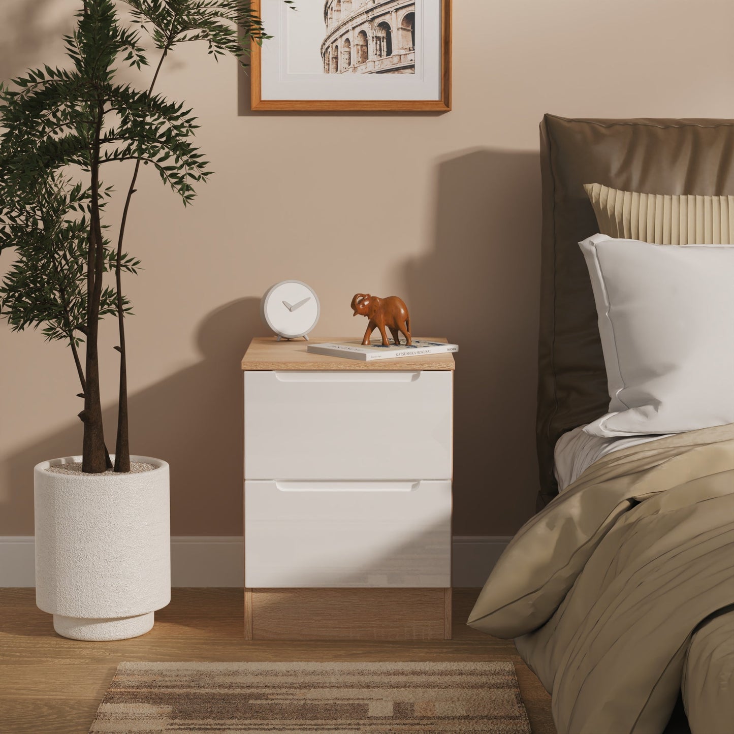 Milan Bedside Table White & Oak 2 Drawers 51cm