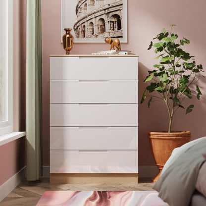 Milan Tall Chest of Drawers White & Oak 5 Drawers 108cm