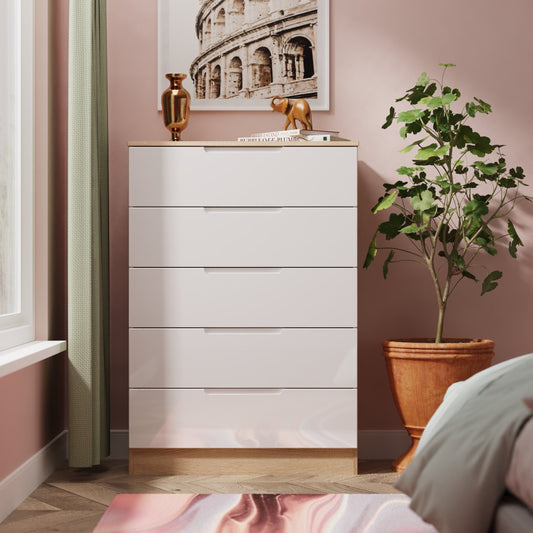 Milan Tall Chest of Drawers White & Oak 5 Drawers 108cm