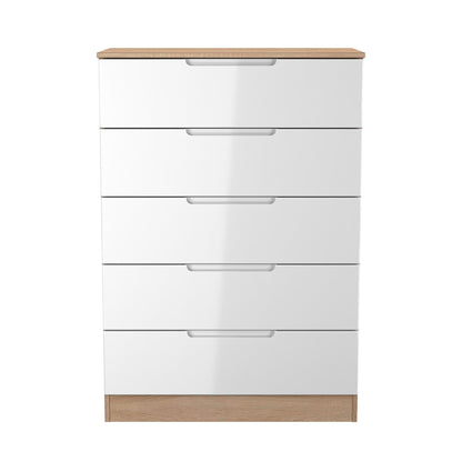 Milan Tall Chest of Drawers White & Oak 5 Drawers 108cm