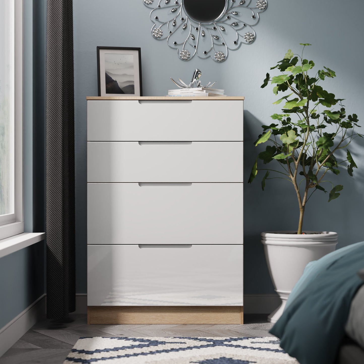 Milan Tall Chest of Drawers White & Oak 4 Drawers 108cm