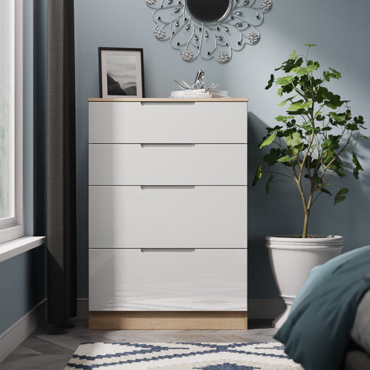 Milan Tall Chest of Drawers White & Oak 4 Drawers 108cm