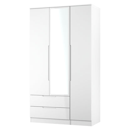 Milan Tall Mirror Wardrobe White 1 Shelf 2 Drawers 196cm