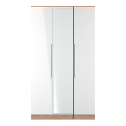 Milan Tall Mirror Wardrobe White & Oak 2 Shelves 196cm