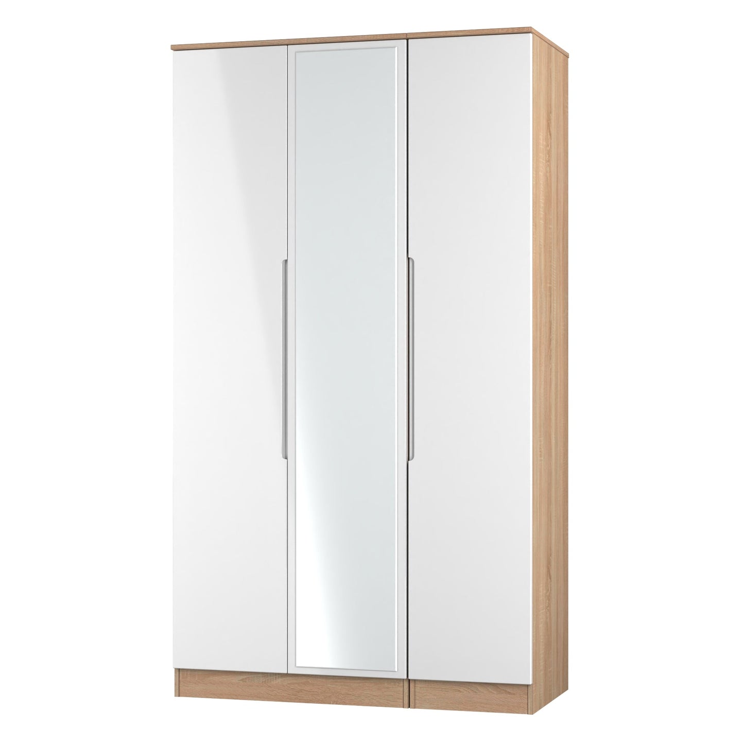 Milan Tall Mirror Wardrobe White & Oak 2 Shelves 196cm