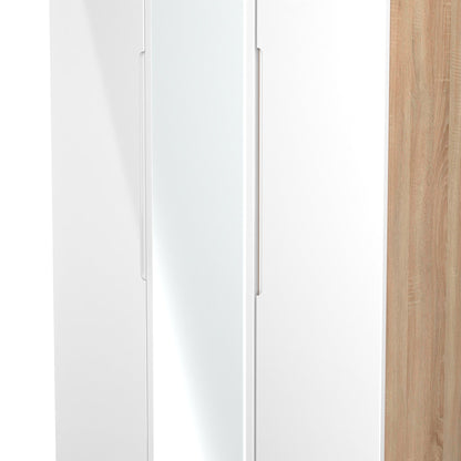 Milan Tall Mirror Wardrobe White & Oak 2 Shelves 196cm