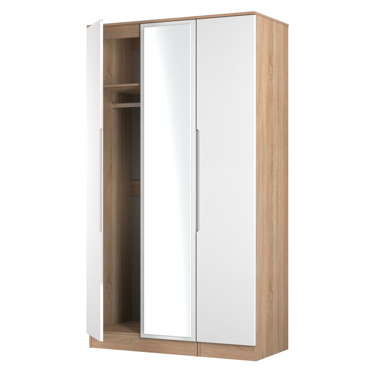Milan Tall Mirror Wardrobe White & Oak 2 Shelves 196cm