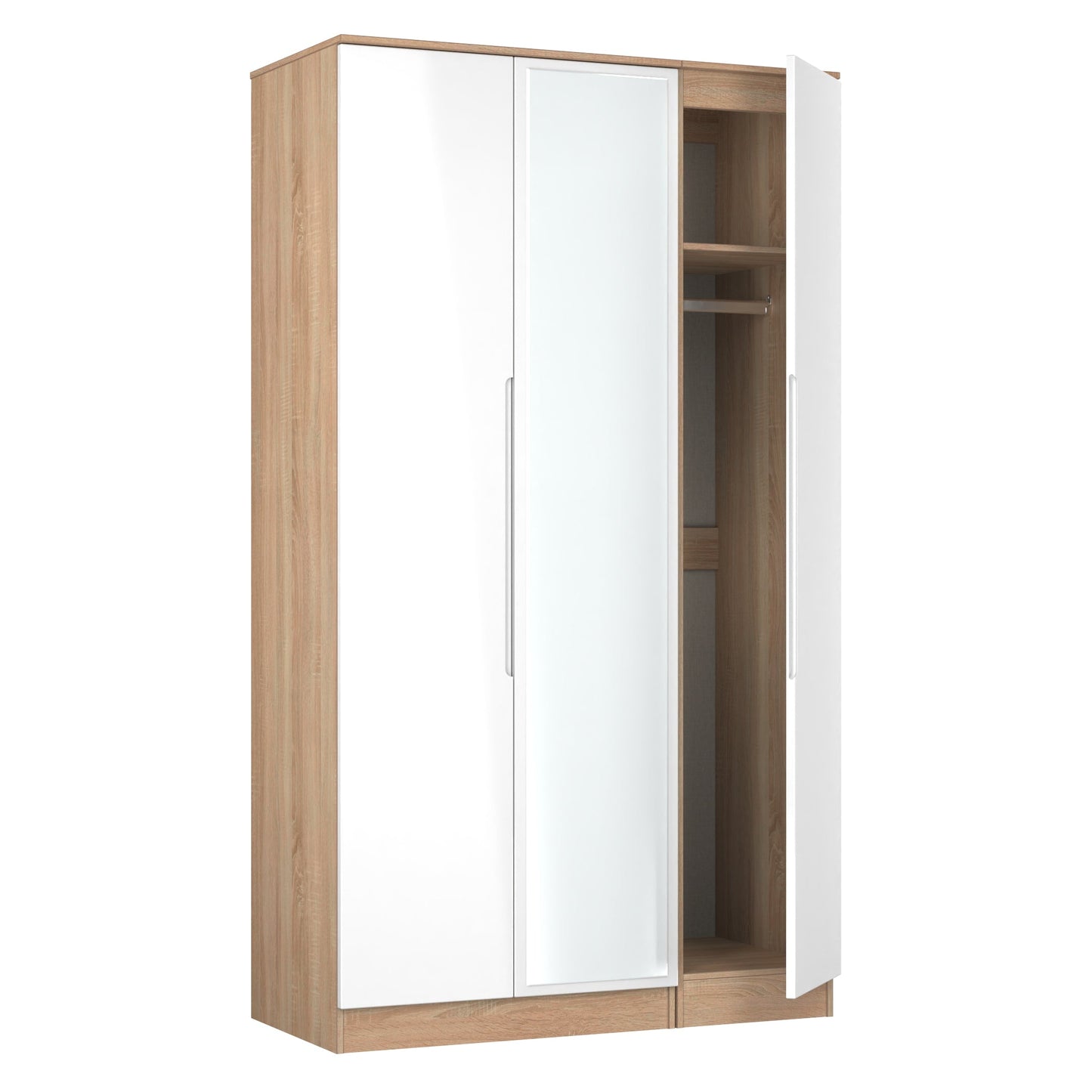 Milan Tall Mirror Wardrobe White & Oak 2 Shelves 196cm