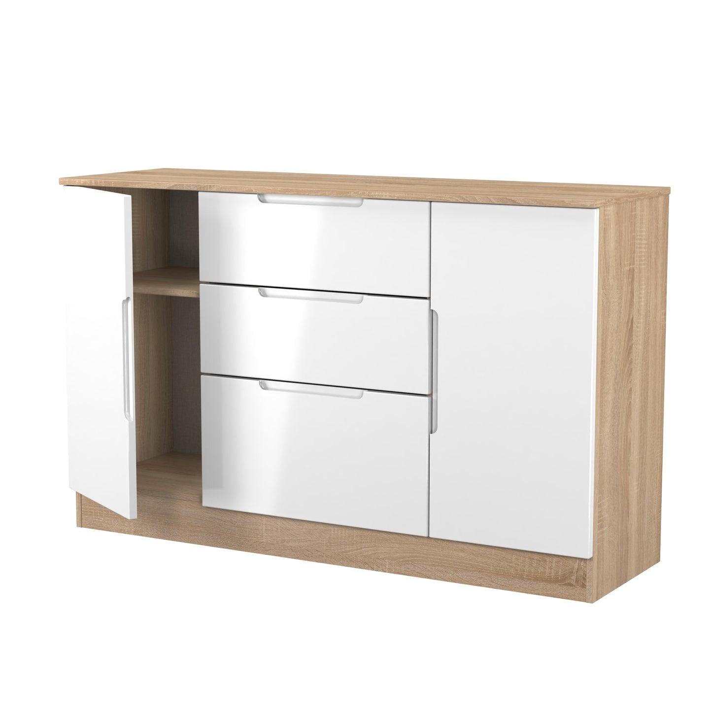 Milan Large Sideboard White & Oak 2 Doors 2 Shelves 3 Drawers 126cm