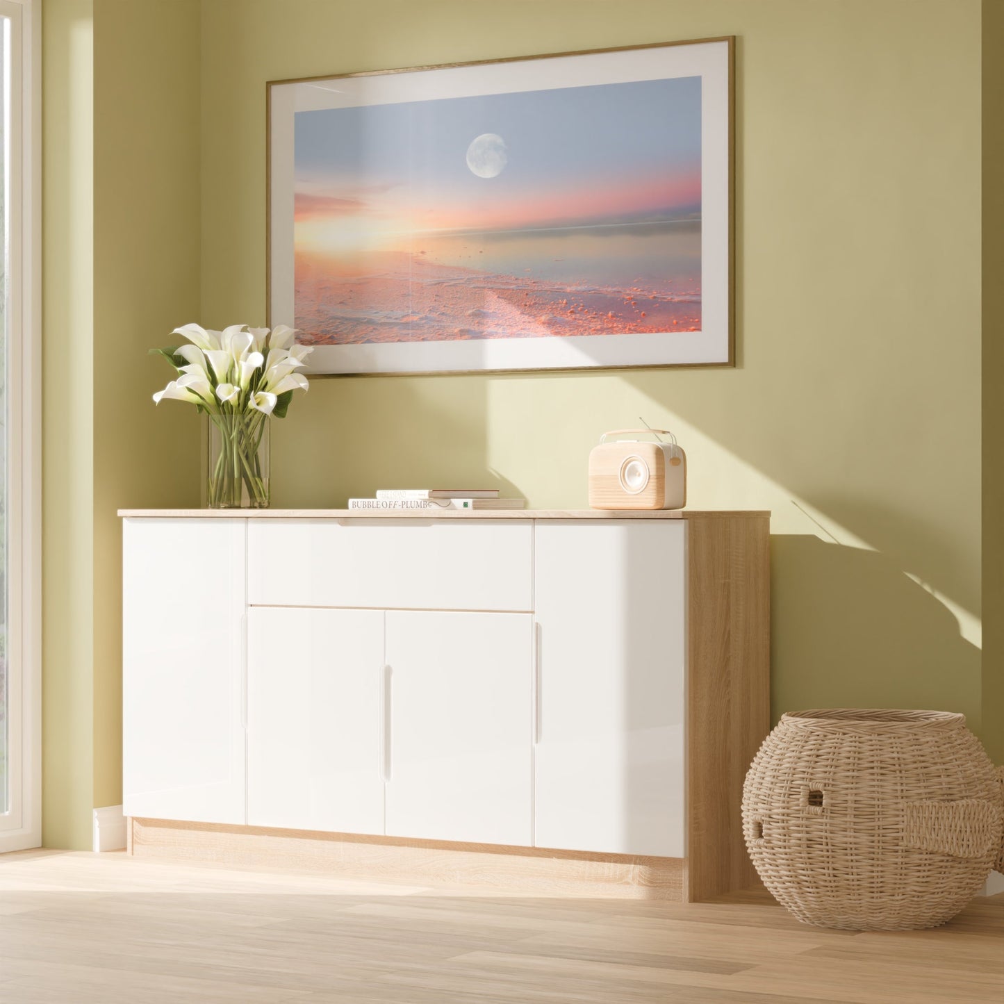 Milan Large Sideboard White & Oak 4 Doors 2 Shelves 1 Drawer 144cm
