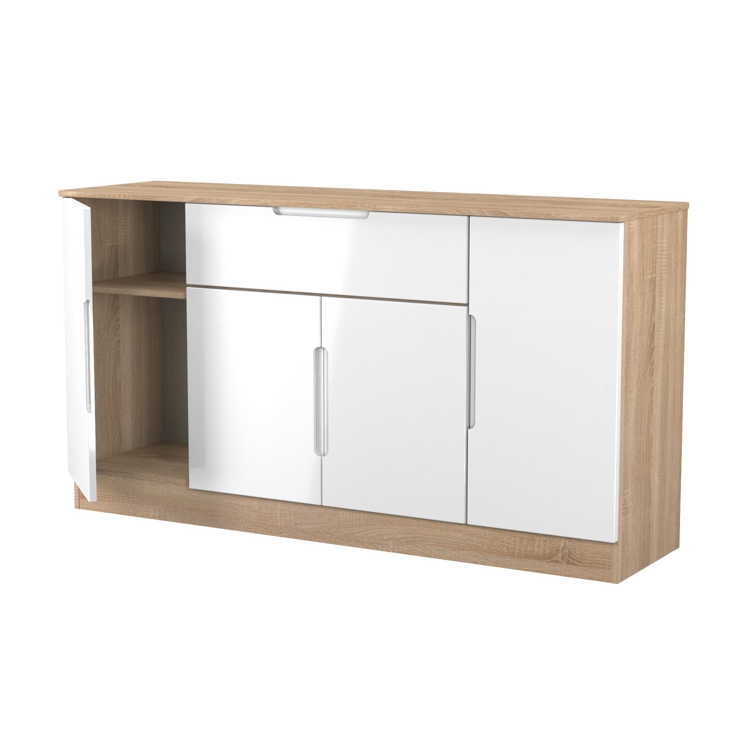 Milan Large Sideboard White & Oak 4 Doors 2 Shelves 1 Drawer 144cm
