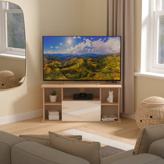 Milan Corner Corner TV Unit White & Oak 5 Shelves 1 Drawer 110cm