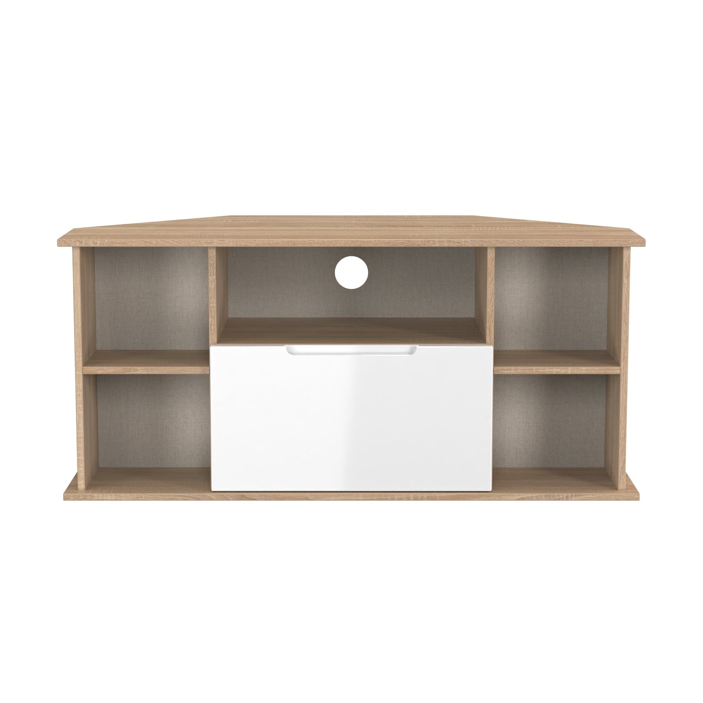 Milan Corner Corner TV Unit White & Oak 5 Shelves 1 Drawer 110cm