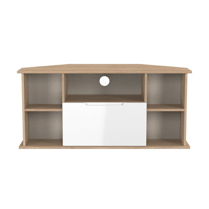 Milan Corner Corner TV Unit White & Oak 5 Shelves 1 Drawer 110cm
