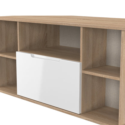 Milan Corner Corner TV Unit White & Oak 5 Shelves 1 Drawer 110cm
