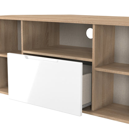 Milan Corner Corner TV Unit White & Oak 5 Shelves 1 Drawer 110cm