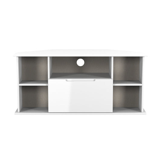 Milan Corner Corner TV Unit White 5 Shelves 1 Drawer 110cm