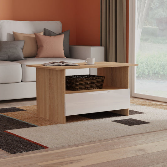 Milan Coffee Table White & Oak 1 Shelf 1 Drawer 93cm