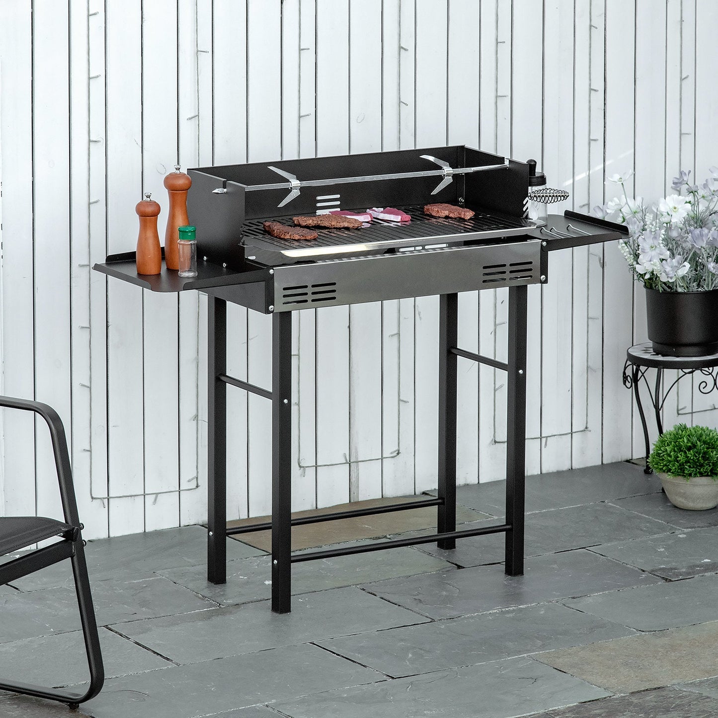 BBQ Rotisserie Grill Roaster Charcoal Spit Roasting Machine for Chicken Turkey with 3-Level Grill Grate and Foldable Side Shelves Primary Image