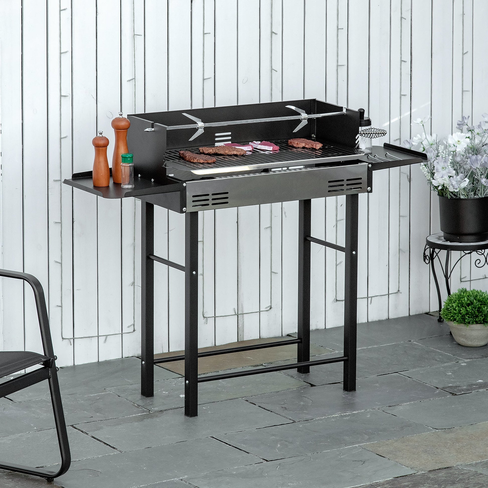 BBQ Rotisserie Grill Roaster Charcoal Spit Roasting Machine for Chicken Turkey with 3-Level Grill Grate and Foldable Side Shelves Primary Image